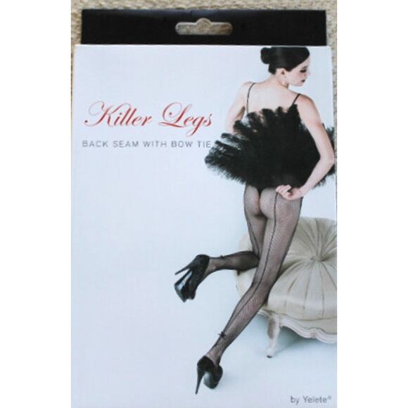 Killer Legs Black Fishnet Pantyhose with Back Seam and Bow Tie One Size New - Picture 1 of 8